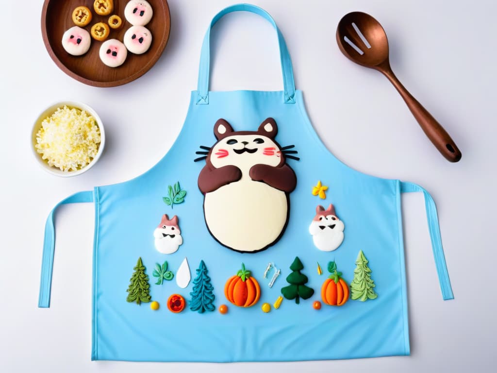  A minimalistic, highly detailed image of a pastel blue apron with intricate embroidery of a forest spirit from Studio Ghibli's "My Neighbor Totoro", surrounded by whimsical baking utensils like measuring spoons, a whisk, and a rolling pin, all elegantly displayed on a marble countertop. hyperrealistic, full body, detailed clothing, highly detailed, cinematic lighting, stunningly beautiful, intricate, sharp focus, f/1. 8, 85mm, (centered image composition), (professionally color graded), ((bright soft diffused light)), volumetric fog, trending on instagram, trending on tumblr, HDR 4K, 8K