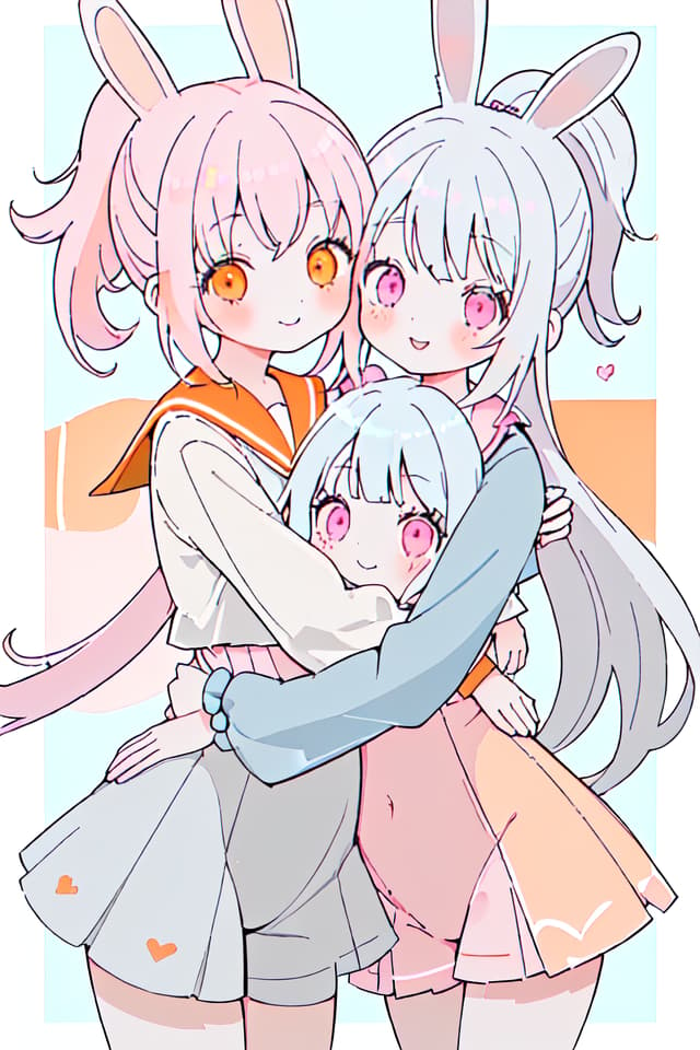  Rabbit ears,friends,smiles,beautiful girls,2 people,(orange eyes,light blue hair,perm,ponytail,),(pink eyes,gray hair,long hair,),cute,good friends,hugging each other,sailor suit,cuteRabbit ears,friends,smiles,beautiful girls,2 people,(orange eyes,light blue hair,perm,ponytail,),(pink eyes,gray hair,long hair,),cute,good friends,hugging each other,sailor suit,cute(absurd detailed:1.4、best quality:1.4、masterpiece:1.4)、、