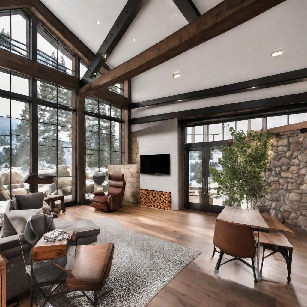   Design a cozy den with exposed wooden beams, a stone fireplace, and leather armchairs for a refined yet rustic feel. 8k, cinematic lighting, HDR