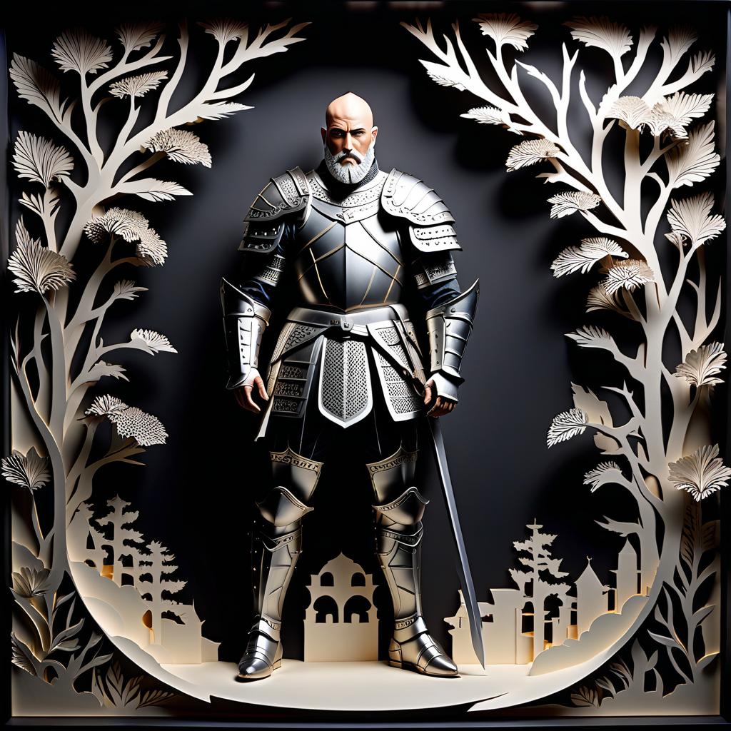  3D papercut shadow box of A bald and bearded warrior in knight's armor, without a helmet. . layered, dimensional, depth, silhouette, shadow, papercut, handmade, high contrast hyperrealistic, full body, detailed clothing, highly detailed, cinematic lighting, stunningly beautiful, intricate, sharp focus, f/1. 8, 85mm, (centered image composition), (professionally color graded), ((bright soft diffused light)), volumetric fog, trending on instagram, trending on tumblr, HDR 4K, 8K