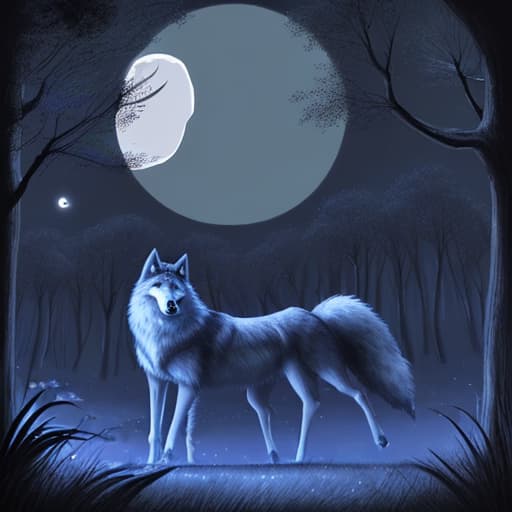  bosque nocturno con luna llena y wolf y ghost