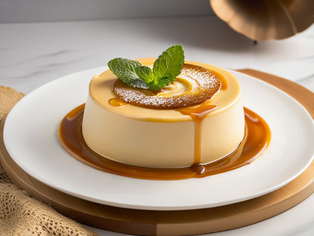  A closeup, highresolution image of a perfectly caramelized quesillo venezolano, showcasing its smooth texture and golden hue, elegantly presented on a simple, white ceramic plate with a subtle garnish of mint leaves on the side. The focus is on the rich, glossy caramel drizzle cascading down the sides of the flan, highlighting its decadent appeal and inviting the viewer to indulge visually in the traditional Venezuelan dessert. hyperrealistic, full body, detailed clothing, highly detailed, cinematic lighting, stunningly beautiful, intricate, sharp focus, f/1. 8, 85mm, (centered image composition), (professionally color graded), ((bright soft diffused light)), volumetric fog, trending on instagram, trending on tumblr, HDR 4K, 8K