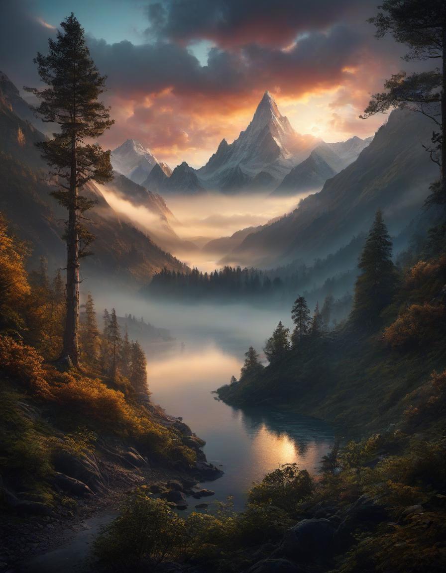  surrealist art digital painting of a beautiful mountain landscape, lake, forest, sunset, cloudy . dreamlike, mysterious, provocative, symbolic, intricate, detailed hyperrealistic, full body, detailed clothing, highly detailed, cinematic lighting, stunningly beautiful, intricate, sharp focus, f/1. 8, 85mm, (centered image composition), (professionally color graded), ((bright soft diffused light)), volumetric fog, trending on instagram, trending on tumblr, HDR 4K, 8K