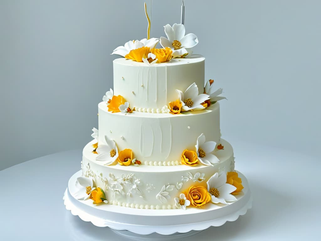  A closeup, ultradetailed image of a multilayered cake with intricate piping details, delicate fondant flowers, and shimmering edible gold leaf accents, set on a sleek, modern cake stand against a clean, white background. hyperrealistic, full body, detailed clothing, highly detailed, cinematic lighting, stunningly beautiful, intricate, sharp focus, f/1. 8, 85mm, (centered image composition), (professionally color graded), ((bright soft diffused light)), volumetric fog, trending on instagram, trending on tumblr, HDR 4K, 8K