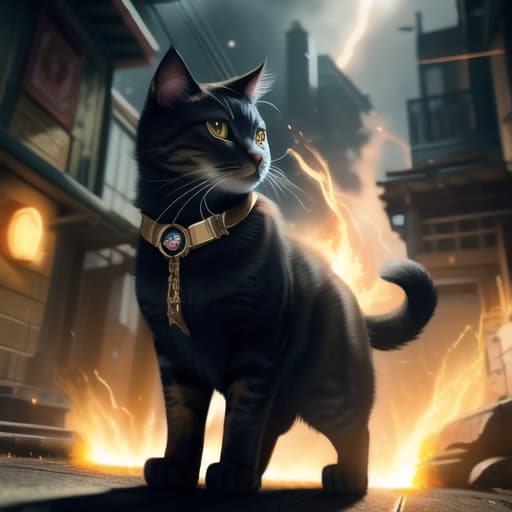  an anthropomorphic cat wearing black linen is depicted in an action pose, swirling fire with an arrow symbol in cat hand, floating above a street in a dark city alleyway, swirling magic effects and swirling energy waves surround cat, with a golden glow on cat face and body, looking at the camera, hyper detailed, movie still, ultrawide, ultra detailed, hyper focus, unreal engine, masterpiece, high rez, high quality, futuristic, exo skeleton, power armor, apex cat dominant universe, fight scars, cat had ear bitten by dog, war between cats and dogs, , (masterpiece, best quality:1.5), HDR 4K, 8K