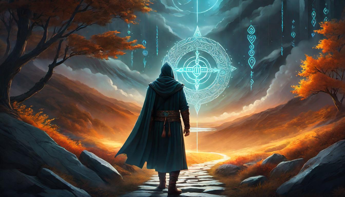  digital illustration, A path lit by glowing runes, foretelling journeys and choices, guidance, possibilities unveiled, looking at viewer, dynamic pose, (intricate details, masterpiece, best quality)