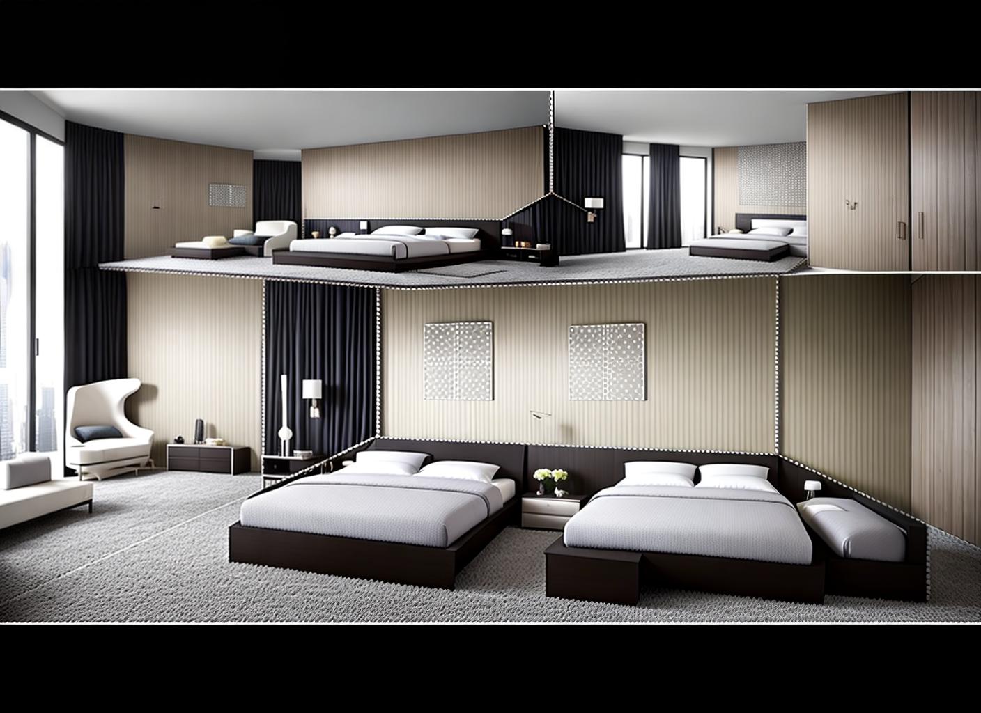  Need a bedroom interior design in a contemporary style, like design guru Tom Dixon , add bed , Save windows and doors from original image, do not change the geometry of the room , restyle the room, be sure to add furniture, photorealistic, high quality, detailed work, hyper realistic, a real interior