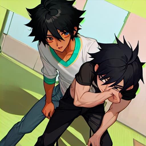  a black hair anime boy pulling his friend's pants down