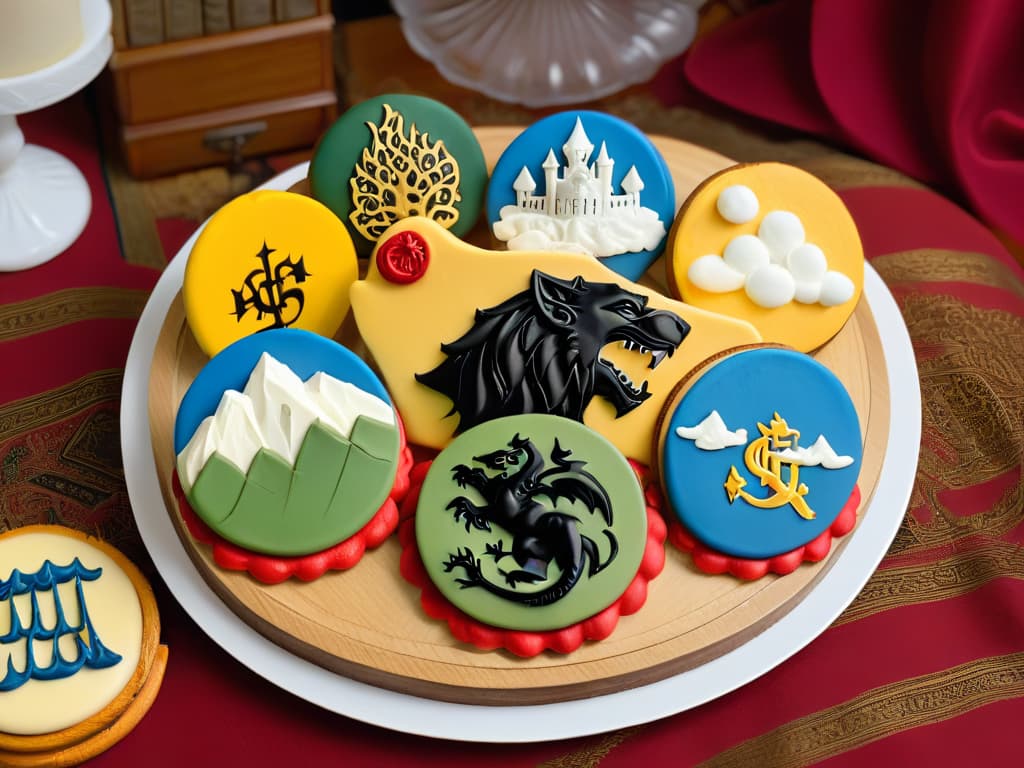  A photorealistic image of intricately decorated butter cookies inspired by "Game of Thrones," featuring detailed icing designs of the sigils of the major houses such as a roaring lion for House Lannister, a direwolf for House Stark, a threeheaded dragon for House Targaryen, and a kraken for House Greyjoy. The cookies are arranged on a wooden platter with ornate medievalstyle embellishments, set against a backdrop reminiscent of the dramatic landscapes of Westeros, complete with snowy mountains and ancient castles looming in the distance. Each cookie is meticulously crafted, showcasing a perfect balance of fantasy and culinary artistry. hyperrealistic, full body, detailed clothing, highly detailed, cinematic lighting, stunningly beautiful, intricate, sharp focus, f/1. 8, 85mm, (centered image composition), (professionally color graded), ((bright soft diffused light)), volumetric fog, trending on instagram, trending on tumblr, HDR 4K, 8K