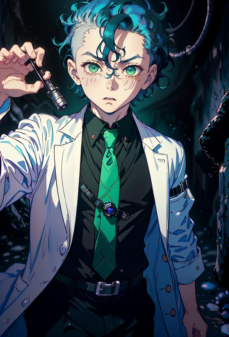  ((trending, highres, masterpiece, cinematic shot)), 1boy, chibi, male lab coat, dark cavern scene, short wavy blue hair, shaved head, large green eyes, proud personality, scared expression, very pale skin, chaotic, limber