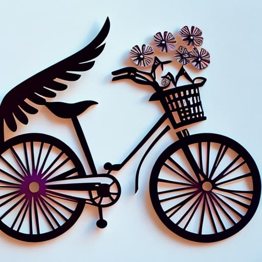  Paper cutout of a bicycle with wings and flowers on it.