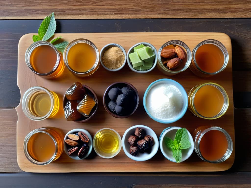  A beautifully arranged flat lay image of a variety of natural sweeteners such as raw honey, maple syrup, stevia leaves, coconut sugar, and dates, neatly organized on a rustic wooden board with soft natural lighting casting gentle shadows. Each sweetener is presented in a small glass jar or bowl, showcasing their texture and color variations. The background is a simple, clean white surface to enhance the minimalistic feel of the composition. hyperrealistic, full body, detailed clothing, highly detailed, cinematic lighting, stunningly beautiful, intricate, sharp focus, f/1. 8, 85mm, (centered image composition), (professionally color graded), ((bright soft diffused light)), volumetric fog, trending on instagram, trending on tumblr, HDR 4K, 8K