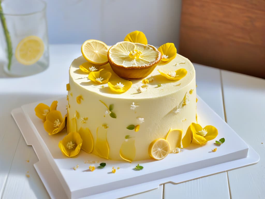  A closeup, ultradetailed image of a freshly baked organic lemon and elderflower cake made by Claire Ptak. The cake is beautifully decorated with intricate edible flower petals and delicate lemon zest curls, sitting on a rustic wooden table with soft natural lighting casting gentle shadows. The details of the cake's texture, colors, and decorations are incredibly vivid and lifelike, showcasing the artistry and organic beauty of Claire Ptak's pastry creations. hyperrealistic, full body, detailed clothing, highly detailed, cinematic lighting, stunningly beautiful, intricate, sharp focus, f/1. 8, 85mm, (centered image composition), (professionally color graded), ((bright soft diffused light)), volumetric fog, trending on instagram, trending on tumblr, HDR 4K, 8K