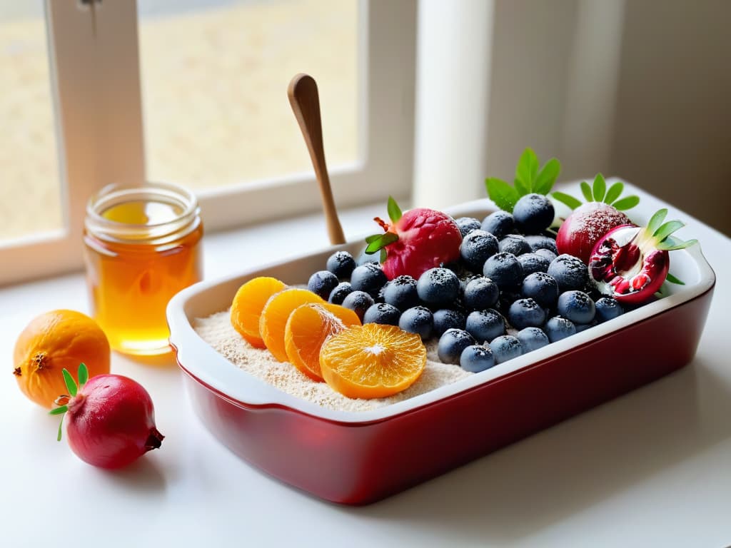  An ultradetailed image of a serene kitchen counter, showcasing an assortment of colorful fruits like berries, citrus slices, and pomegranate seeds neatly arranged in small bowls, next to a stack of whole grain flour, a jar of honey, and a wooden spoon. The sunlight streaming in through a window casts a soft, warm glow on the ingredients, creating a peaceful and inviting atmosphere perfect for healthy baking inspiration. hyperrealistic, full body, detailed clothing, highly detailed, cinematic lighting, stunningly beautiful, intricate, sharp focus, f/1. 8, 85mm, (centered image composition), (professionally color graded), ((bright soft diffused light)), volumetric fog, trending on instagram, trending on tumblr, HDR 4K, 8K