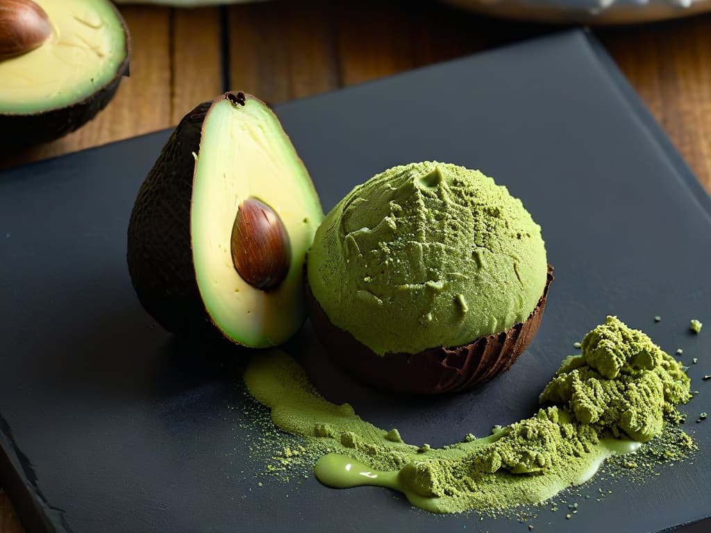  An ultradetailed closeup image of a dark chocolate truffle with a rich, velvety texture, dusted with vibrant green avocado powder, sitting on a sleek, matte black surface. The truffle is delicately garnished with a single sliver of fresh avocado, highlighting the fusion of flavors in this unique and indulgent treat. The lighting is soft and focused, capturing the intricate details of the truffle's glossy surface and the fine texture of the avocado powder. hyperrealistic, full body, detailed clothing, highly detailed, cinematic lighting, stunningly beautiful, intricate, sharp focus, f/1. 8, 85mm, (centered image composition), (professionally color graded), ((bright soft diffused light)), volumetric fog, trending on instagram, trending on tumblr, HDR 4K, 8K