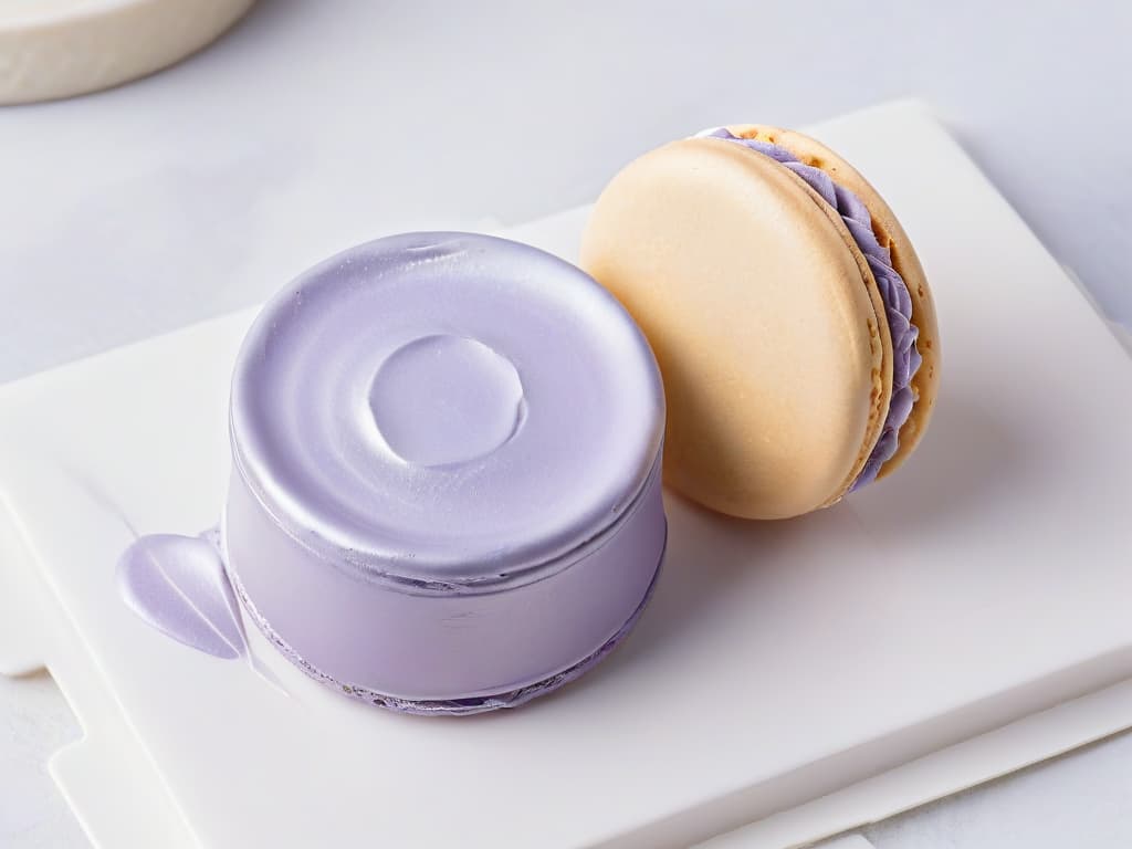  An ultradetailed, closeup image of a delicate, perfectly piped lavender macaron with a smooth, glossy shell, showcasing intricate feet at the base. The macaron is elegantly placed on a pristine white marble surface, with a hint of lavender petals scattered around, enhancing the minimalistic and sophisticated aesthetic. The natural light gently illuminates the macaron, highlighting its pastel purple hue and inviting texture, evoking a sense of culinary artistry and luxury. hyperrealistic, full body, detailed clothing, highly detailed, cinematic lighting, stunningly beautiful, intricate, sharp focus, f/1. 8, 85mm, (centered image composition), (professionally color graded), ((bright soft diffused light)), volumetric fog, trending on instagram, trending on tumblr, HDR 4K, 8K