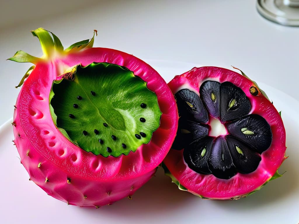  A closeup, ultradetailed image of a vibrant dragon fruit sliced in half, showcasing its intricate fuchsia and green hues, with the contrast of its white speckled flesh filled with tiny black seeds. The image captures the exotic allure of the fruit, emphasizing its unique texture and pattern, making it a visually enticing addition to the article on working with exotic fruits in modern pastry. hyperrealistic, full body, detailed clothing, highly detailed, cinematic lighting, stunningly beautiful, intricate, sharp focus, f/1. 8, 85mm, (centered image composition), (professionally color graded), ((bright soft diffused light)), volumetric fog, trending on instagram, trending on tumblr, HDR 4K, 8K