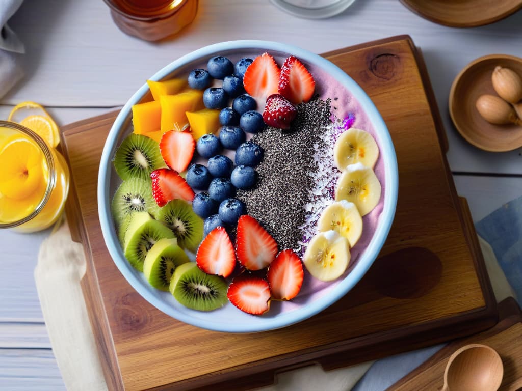  A photorealistic image of a vibrant smoothie bowl topped with a colorful array of fresh fruits such as sliced strawberries, blueberries, kiwi, banana, dragon fruit, and edible flowers. The bowl is placed on a rustic wooden table, with a soft morning light illuminating the scene, casting gentle shadows that enhance the texture and colors of the fruits. The smoothie bowl is garnished with a sprinkle of chia seeds, coconut flakes, and a drizzle of honey, making it visually appealing and appetizing. hyperrealistic, full body, detailed clothing, highly detailed, cinematic lighting, stunningly beautiful, intricate, sharp focus, f/1. 8, 85mm, (centered image composition), (professionally color graded), ((bright soft diffused light)), volumetric fog, trending on instagram, trending on tumblr, HDR 4K, 8K