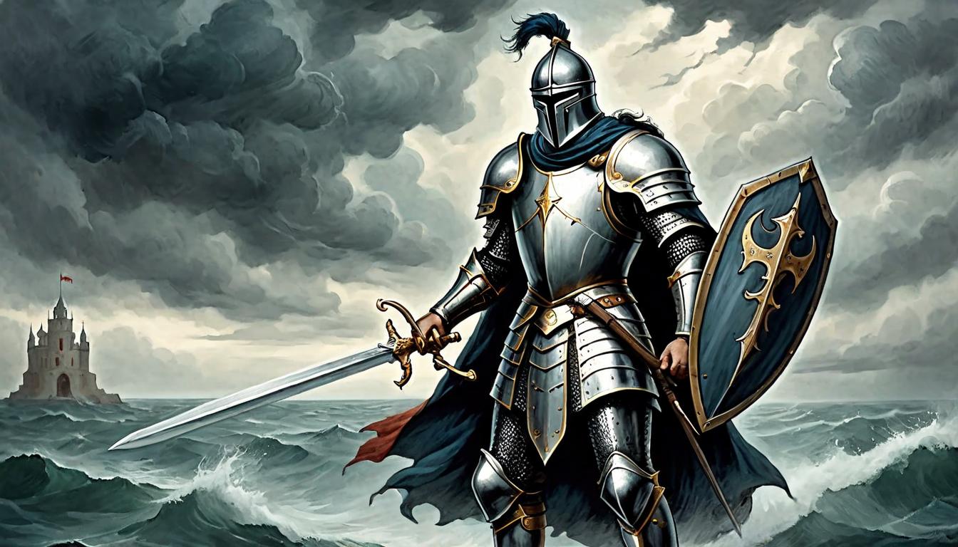  on parchment, surrealism+++, A steadfast knight standing tall amidst stormy weather, silver armor gleaming, shield held firm, eyes focused ahead, resilient stance, unwavering spirit(mysterious, provocative, symbolic,muted color)+++