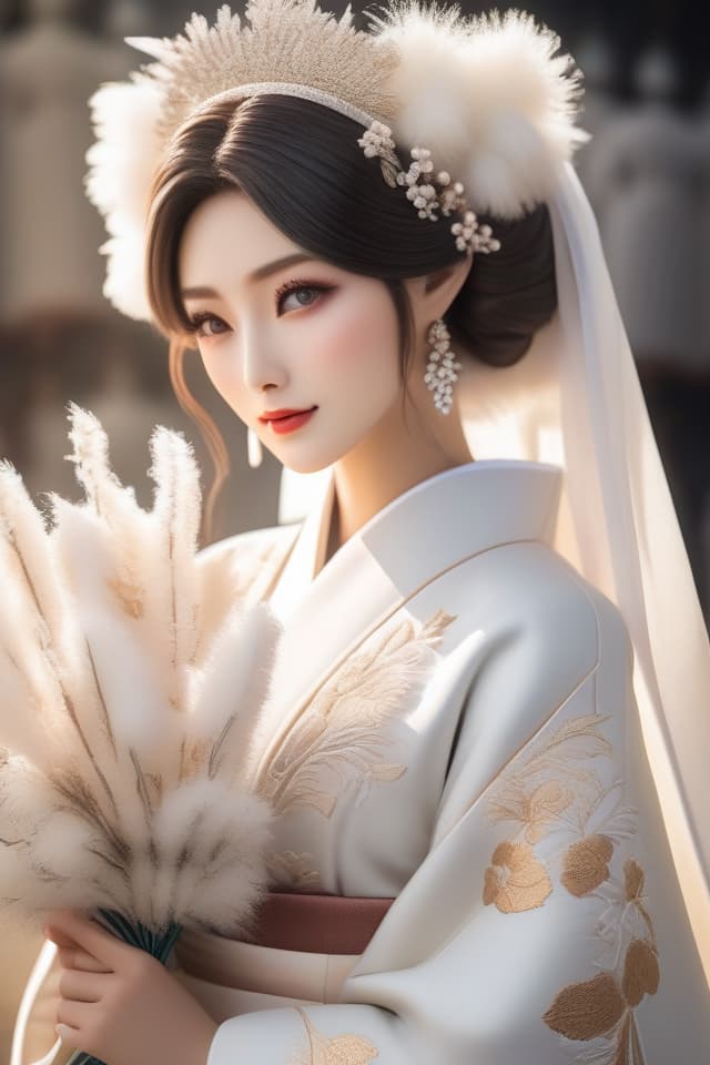  Fluffy illustration (Japanese bride with fluffy cotton headband on her head) (close up of upper body) Masterpiece,Japanese bride,Japanese bridal gown,white kimono with silver embroidery. Cotton hat,eyes hidden,only mouth visible. hyperrealistic, full body, detailed clothing, highly detailed, cinematic lighting, stunningly beautiful, intricate, sharp focus, f/1. 8, 85mm, (centered image composition), (professionally color graded), ((bright soft diffused light)), volumetric fog, trending on instagram, trending on tumblr, HDR 4K, 8K