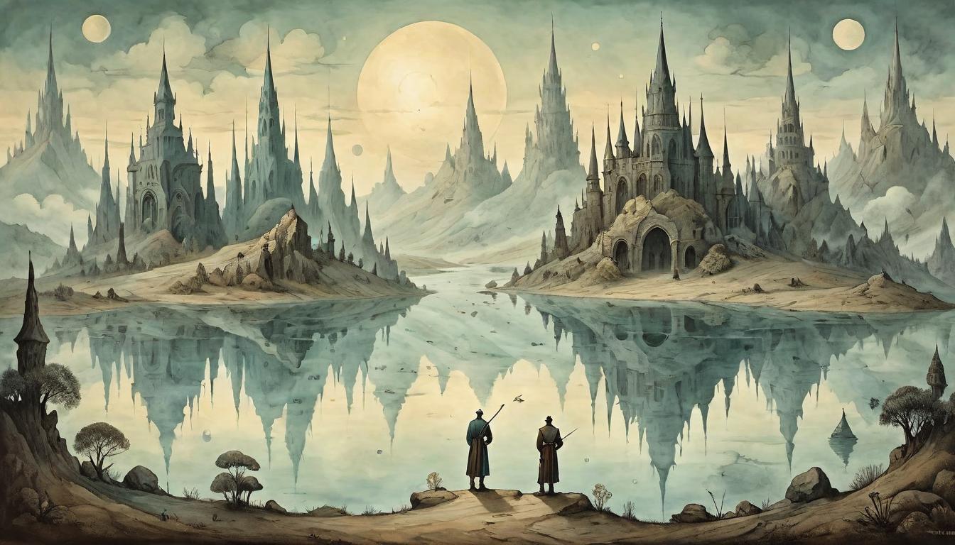  on parchment, surrealism+++, Array of mirrors in a mystical landscape, each reflecting a different, solitary traveler, unity in diversity, landscapes blending reality and possibility, empathy through reflection(mysterious, provocative, symbolic,muted color)+++