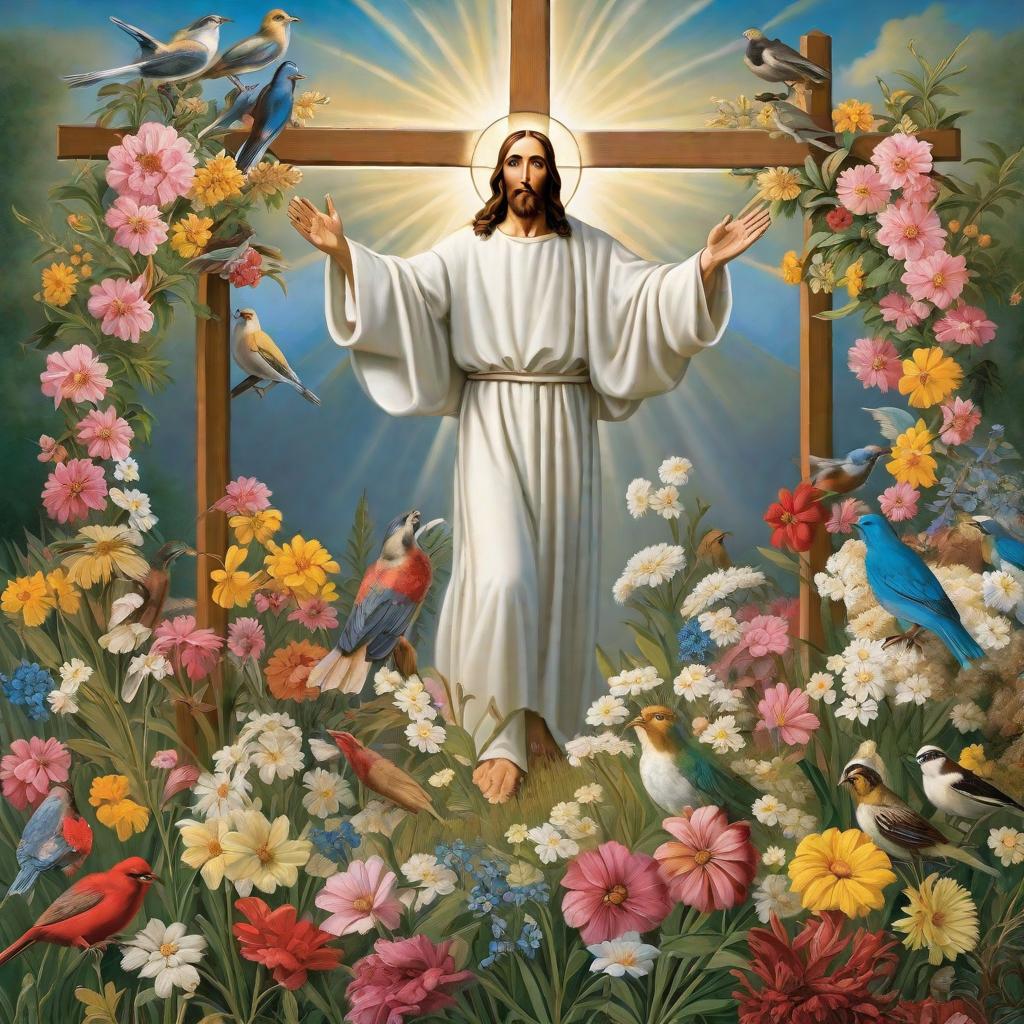  masterpiece, best quality, Jesus, cross , scripture, flowers, birds