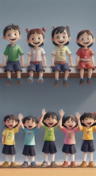  {A heartwarming scene of all the children waving goodbye with happy expressions., Children waving with wide smiles, looking grateful and content.