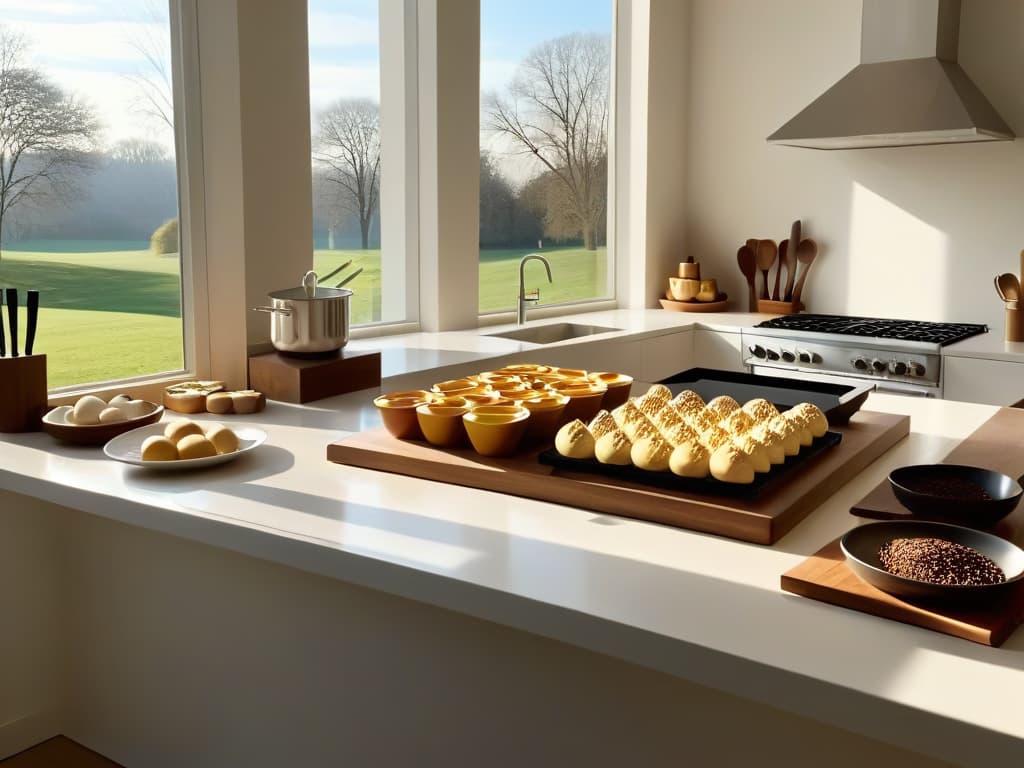  A minimalistic image of a sleek, modern kitchen filled with an array of baking tools and ingredients neatly organized on pristine countertops. Sunlight streams in through a large window, casting a warm glow over the scene, creating a serene and inviting atmosphere perfect for honing one's pastry skills. hyperrealistic, full body, detailed clothing, highly detailed, cinematic lighting, stunningly beautiful, intricate, sharp focus, f/1. 8, 85mm, (centered image composition), (professionally color graded), ((bright soft diffused light)), volumetric fog, trending on instagram, trending on tumblr, HDR 4K, 8K