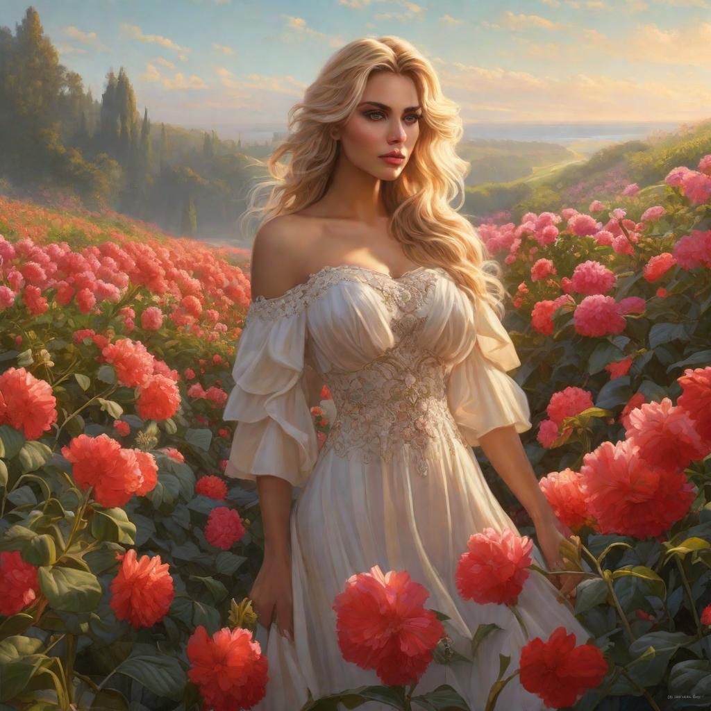  Niña de dos años rubia con pelos risos, ojos carmelita, sentada en un campo de flores, artgerm, jeremy, lipkin, michael, garmash detailed digital art, radiant, light, detailed, intricate, environment hyperrealistic, full body, detailed clothing, highly detailed, cinematic lighting, stunningly beautiful, intricate, sharp focus, f/1. 8, 85mm, (centered image composition), (professionally color graded), ((bright soft diffused light)), volumetric fog, trending on instagram, trending on tumblr, HDR 4K, 8K