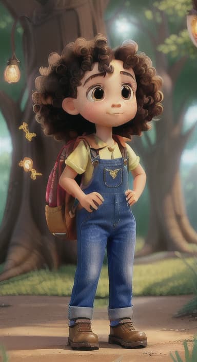  {The tree shining brightly and releasing a gentle, magical light., Riley, a curious with big brown eyes and curly hair, wearing overalls and carrying a small backpack. Their friend, Skye, a bluebird with shiny feathers.