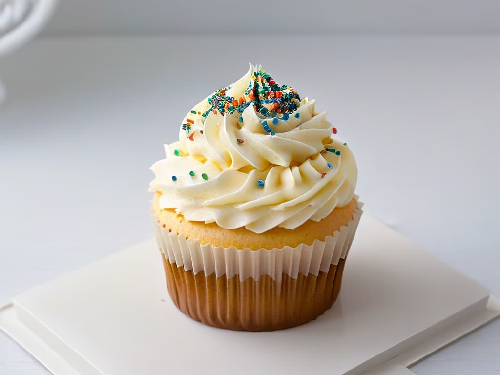  A closeup, ultradetailed image of a perfectly frosted cupcake with vibrant rainbow sprinkles on top, set against a sleek, minimalistic white background. The frosting is swirled elegantly, showcasing intricate details and textures, while the colorful sprinkles glisten under a soft, diffused light, creating a visually striking and appetizing composition. hyperrealistic, full body, detailed clothing, highly detailed, cinematic lighting, stunningly beautiful, intricate, sharp focus, f/1. 8, 85mm, (centered image composition), (professionally color graded), ((bright soft diffused light)), volumetric fog, trending on instagram, trending on tumblr, HDR 4K, 8K