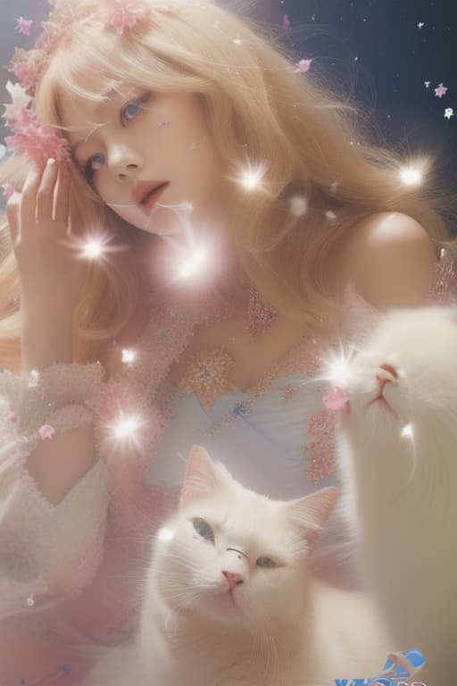  Beautiful , , blond hair, age, blue eyes, portrait, white Thai dress, light, multi layered, ancient court style, long, flowing, in a luxurious palace, perspective, wind blowing, dust in the atmosphere ((light penetrating)) beam of sunlight ((fluffy white cat) ),award winning composition,high quality,masterpiece,extremely detailed,high res,4k,ultra high res,detailed shadow,ultra realistic,dramatic lighting,bright light