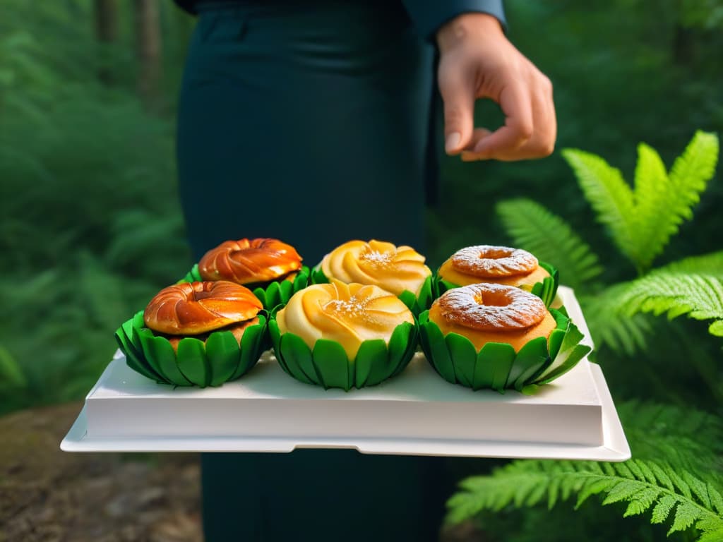  A minimalist, highly detailed image of a hands holding a tray of freshly baked pastries with a background of a lush green forest, showcasing the concept of sustainable merchandising for a bakery focusing on environmental consciousness. hyperrealistic, full body, detailed clothing, highly detailed, cinematic lighting, stunningly beautiful, intricate, sharp focus, f/1. 8, 85mm, (centered image composition), (professionally color graded), ((bright soft diffused light)), volumetric fog, trending on instagram, trending on tumblr, HDR 4K, 8K