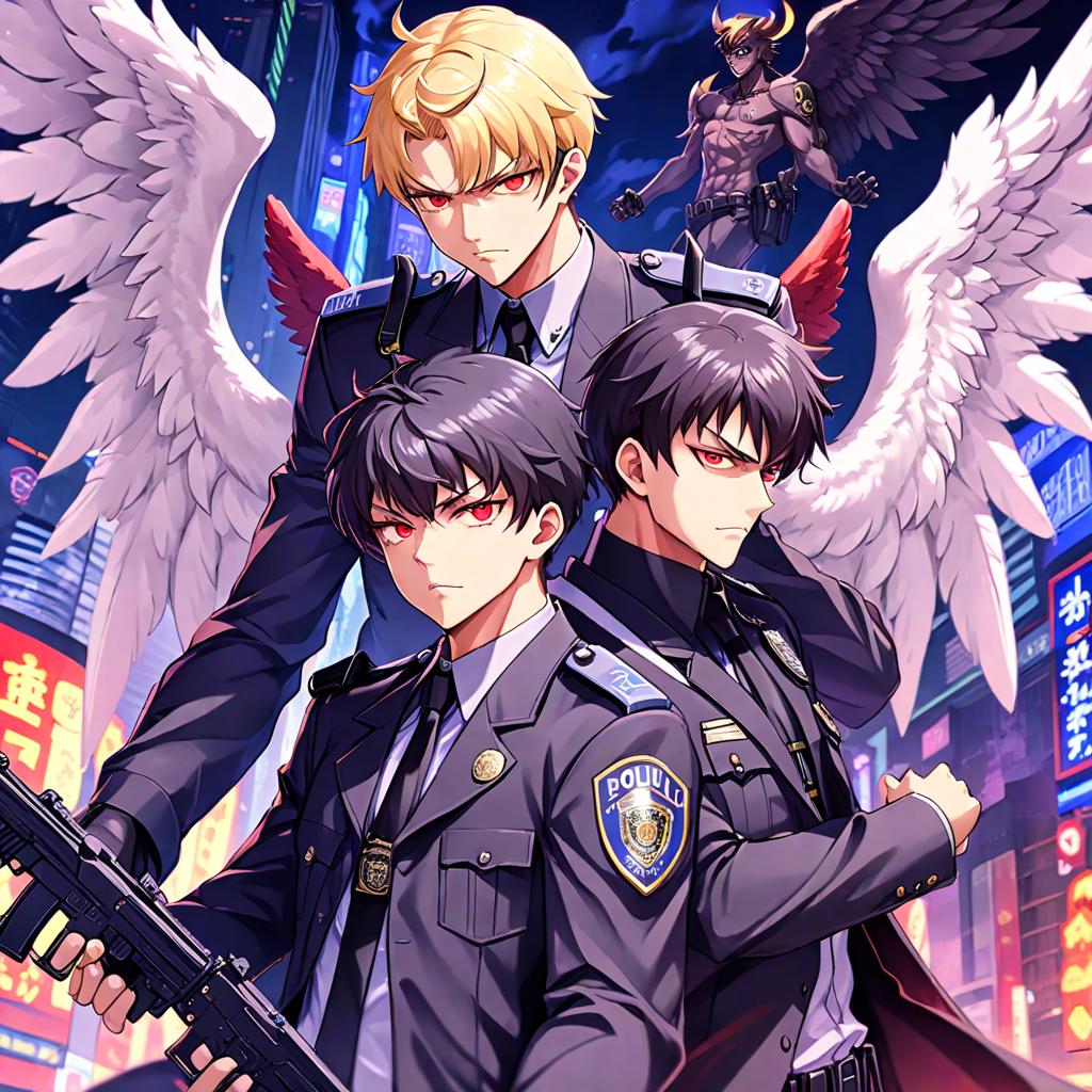  anime style artwork, (masterpiece:1.1), (highest quality:1.1), man cop police, angel and devil, good and evil on his shoulders , anime style, key visual, vibrant, studio anime, highly detailed