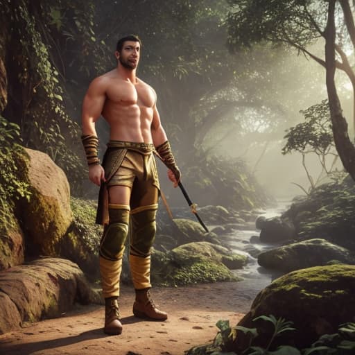  a men take an air sword High Resolution, Jungle Treasures, Soft and Dreamy, Sunset Spectrum, Serene Sunsets hyperrealistic, full body, detailed clothing, highly detailed, cinematic lighting, stunningly beautiful, intricate, sharp focus, f/1. 8, 85mm, (centered image composition), (professionally color graded), ((bright soft diffused light)), volumetric fog, trending on instagram, trending on tumblr, HDR 4K, 8K