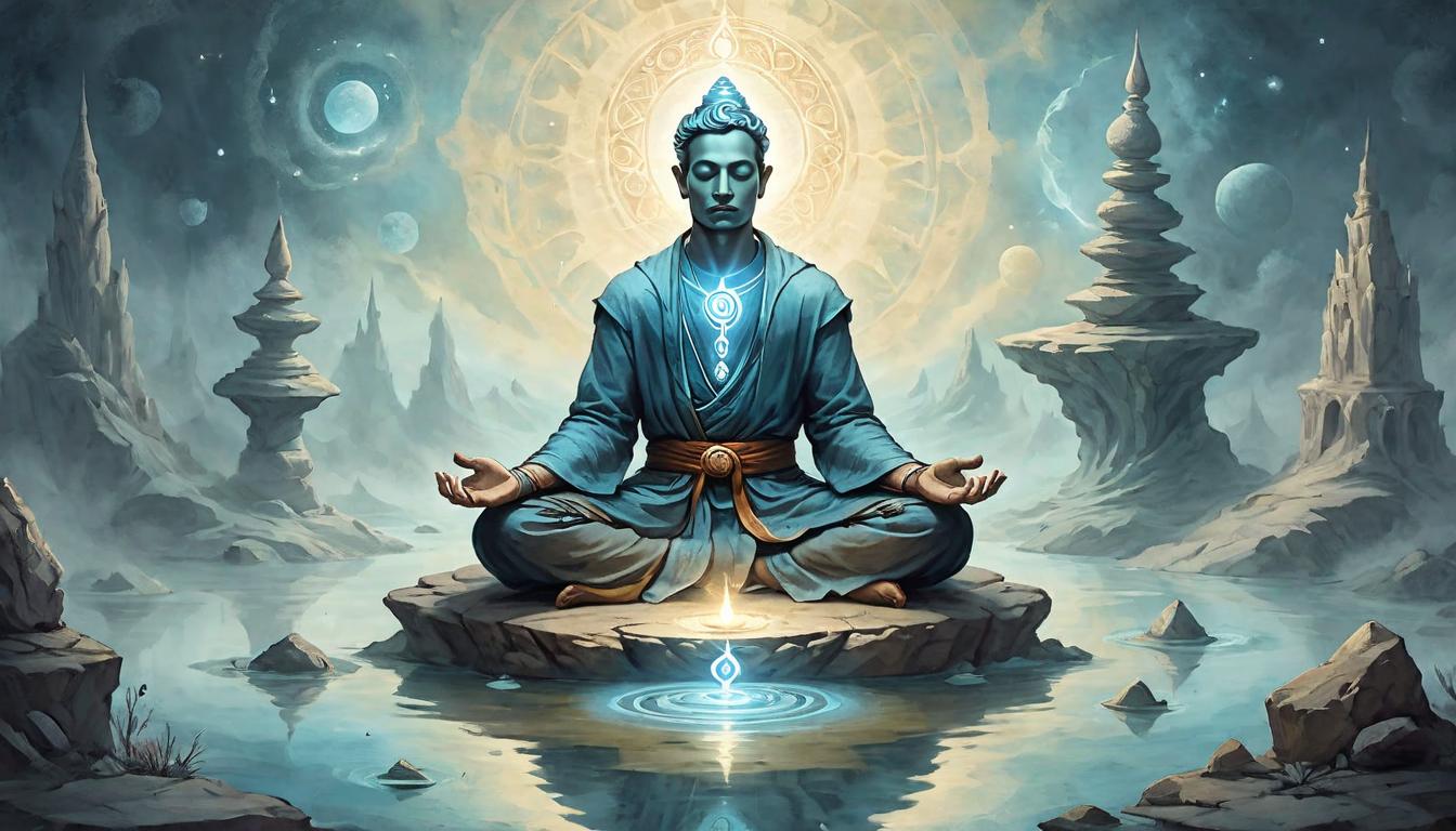  on parchment, surrealism+++, A person meditating in a balanced pose, surrounded by ethereal light, challenges transforming into stepping stones toward enlightenment, balanced, elevated mindset(mysterious, provocative, symbolic,muted color)+++