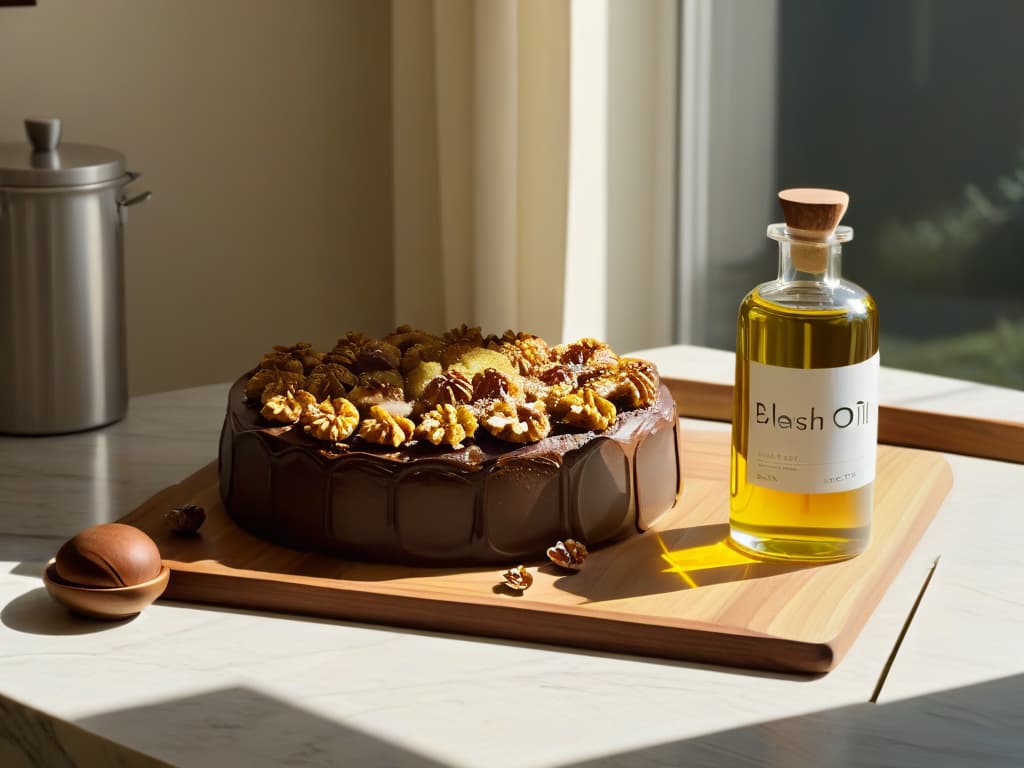  A photorealistic image of an elegant, modern kitchen filled with luxurious baking tools and ingredients, including a sleek glass bottle of walnut oil prominently displayed on a marble countertop. The sunlight streaming through a nearby window highlights the golden hues of the oil, casting a warm glow over the scene and emphasizing its gourmet appeal. The overall ambiance is one of sophistication and culinary artistry, perfectly capturing the essence of integrating walnut oil into gourmet and healthy baking. hyperrealistic, full body, detailed clothing, highly detailed, cinematic lighting, stunningly beautiful, intricate, sharp focus, f/1. 8, 85mm, (centered image composition), (professionally color graded), ((bright soft diffused light)), volumetric fog, trending on instagram, trending on tumblr, HDR 4K, 8K