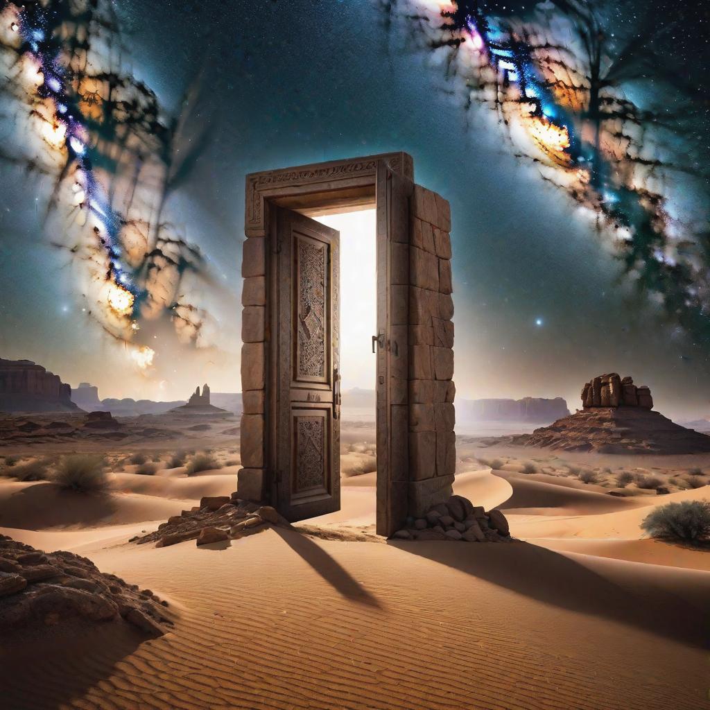  Let there be a door made of ancient stones, hidden in the middle of the desert, carrying the dust of history. Let the door be slightly ajar, and behind it, let there be the Andromeda Galaxy. In other hyperrealistic, full body, detailed clothing, highly detailed, cinematic lighting, stunningly beautiful, intricate, sharp focus, f/1. 8, 85mm, (centered image composition), (professionally color graded), ((bright soft diffused light)), volumetric fog, trending on instagram, trending on tumblr, HDR 4K, 8K