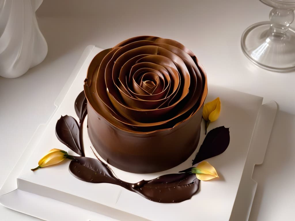  A photorealistic image of a stunning 3D dessert creation displayed on a pristine white plate. The dessert is a intricately designed chocolate sculpture of a blooming rose, with delicate petals and intricate details that make it seem almost lifelike. The chocolate surface gleams under a soft, warm light, casting realistic shadows that add depth to the image. The background is softly blurred to keep the focus solely on the exquisite dessert, highlighting the artistry and skill that went into creating it. hyperrealistic, full body, detailed clothing, highly detailed, cinematic lighting, stunningly beautiful, intricate, sharp focus, f/1. 8, 85mm, (centered image composition), (professionally color graded), ((bright soft diffused light)), volumetric fog, trending on instagram, trending on tumblr, HDR 4K, 8K