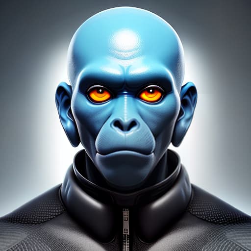  an anthropomorphic blue rubber latex monkey head, blue bald rubber skin rubber face with dark amber large eyes, in the dark, with darkness in the background hyperrealistic, full body, detailed clothing, highly detailed, cinematic lighting, stunningly beautiful, intricate, sharp focus, f/1. 8, 85mm, (centered image composition), (professionally color graded), ((bright soft diffused light)), volumetric fog, trending on instagram, trending on tumblr, HDR 4K, 8K