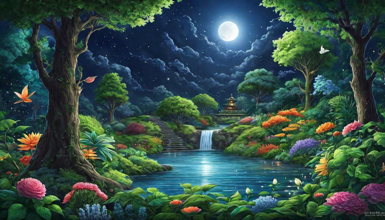  digital illustration, Subconscious realms depicted as a flourishing garden under moonlight, every plant and creature a symbol, untold stories, blossoming insights, subconscious awakening, looking at viewer, dynamic pose, (intricate details, masterpiece, best quality)