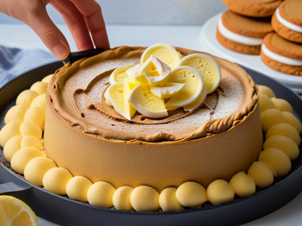  A closeup, ultradetailed image of a hand gently pressing a mixture of crushed gingerbread cookies and melted butter into the base of a springform pan. The crumbs are perfectly blended with the shiny butter, creating a textured, crumbly surface that glistens under the light. The contrast between the dark, spiced cookies and the golden butter is striking, highlighting the process of creating the decadent gingerbread base for the gourmet lemon cheesecake. hyperrealistic, full body, detailed clothing, highly detailed, cinematic lighting, stunningly beautiful, intricate, sharp focus, f/1. 8, 85mm, (centered image composition), (professionally color graded), ((bright soft diffused light)), volumetric fog, trending on instagram, trending on tumblr, HDR 4K, 8K