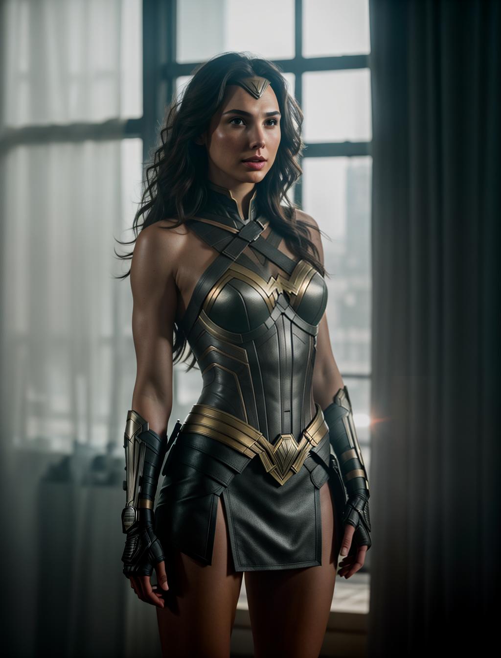  a fantastic digital photo of Gal Gadot, solo, looking at the viewer, backlighting, atmospheric. High dynamic range, vivid, rich details, clear shadows and highlights, realistic, intense, enhanced contrast, highly detailed, 8k, 50mm prime lens, award winning, professional, (dutch angle) ((upper body shot)) hyperrealistic, full body, detailed clothing, highly detailed, cinematic lighting, stunningly beautiful, intricate, sharp focus, f/1. 8, 85mm, (centered image composition), (professionally color graded), ((bright soft diffused light)), volumetric fog, trending on instagram, trending on tumblr, HDR 4K, 8K