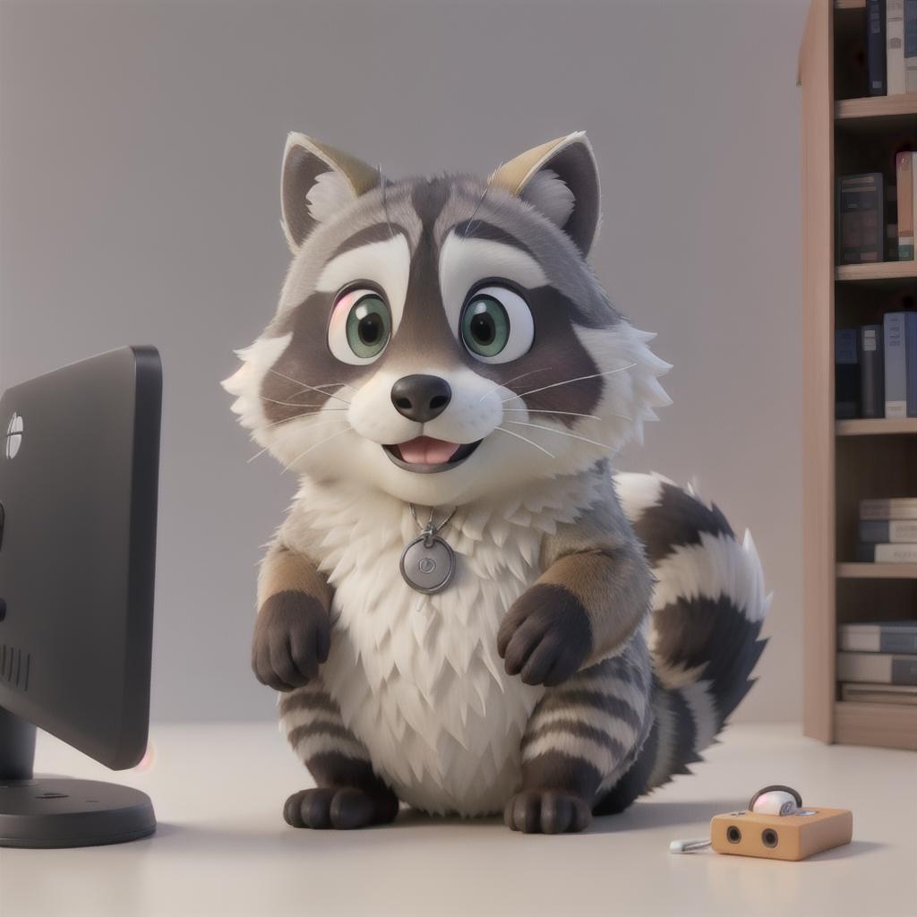  raccoon sitting in gaming chair front a computer on desktop, ((semi anthropomorphic)),(full body), tail, belly, sitting, fat, (chubby), (((white background))), solo, desktop, gaming chair, side view,  [[[clothes]]] hyperrealistic, full body, detailed clothing, highly detailed, cinematic lighting, stunningly beautiful, intricate, sharp focus, f/1. 8, 85mm, (centered image composition), (professionally color graded), ((bright soft diffused light)), volumetric fog, trending on instagram, trending on tumblr, HDR 4K, 8K