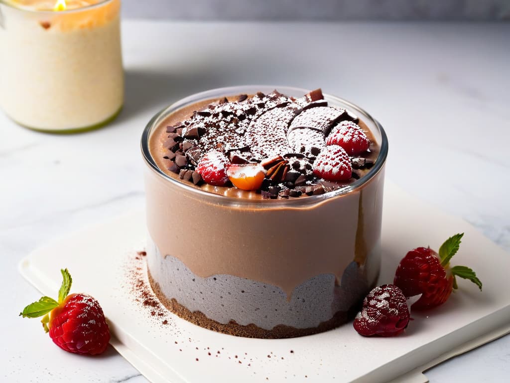  A luxurious, photorealistic image of a decadent chia and cacao pudding in a clear glass dessert bowl, showcasing layers of rich chocolate pudding and glistening chia seeds. The dessert is elegantly garnished with fresh raspberries, a sprinkle of cocoa powder, and delicate mint leaves on top, all set on a marble countertop under soft, natural lighting. The texture of the pudding is smooth and creamy, with a glossy finish that highlights its indulgent appeal. This image exudes sophistication and irresistibly tempts the viewer with its visual allure. hyperrealistic, full body, detailed clothing, highly detailed, cinematic lighting, stunningly beautiful, intricate, sharp focus, f/1. 8, 85mm, (centered image composition), (professionally color graded), ((bright soft diffused light)), volumetric fog, trending on instagram, trending on tumblr, HDR 4K, 8K