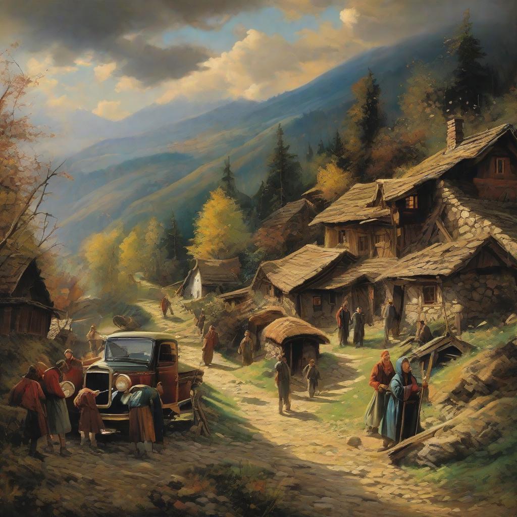  masterpiece, best quality, painting a picture of supernatural events in the mountain village