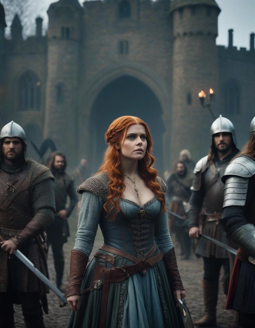  cinematic film still The Tudor era, a tragic frame from the film, the most detailed image, emphasis on faces, young Chloe Grace Moretz with very light long curly hair, dressed as Triss Merrigold from the game The Witcher 3, in anger, stabs a mature man standing in front of her with a knife, they are watched by stern armed warriors knights, maximum detail, small details, especially carefully drawn faces and emotions, the strictest compliance with the request, historical costumes are reproduced as accurately as possible, weak dramatic lighting, dirt, heavy rain, dark dense gloomy forest around, . shallow depth of field, vignette, highly detailed, high budget, bokeh, cinemascope, moody, epic, gorgeous, film grain, grainy hyperrealistic, full body, detailed clothing, highly detailed, cinematic lighting, stunningly beautiful, intricate, sharp focus, f/1. 8, 85mm, (centered image composition), (professionally color graded), ((bright soft diffused light)), volumetric fog, trending on instagram, trending on tumblr, HDR 4K, 8K