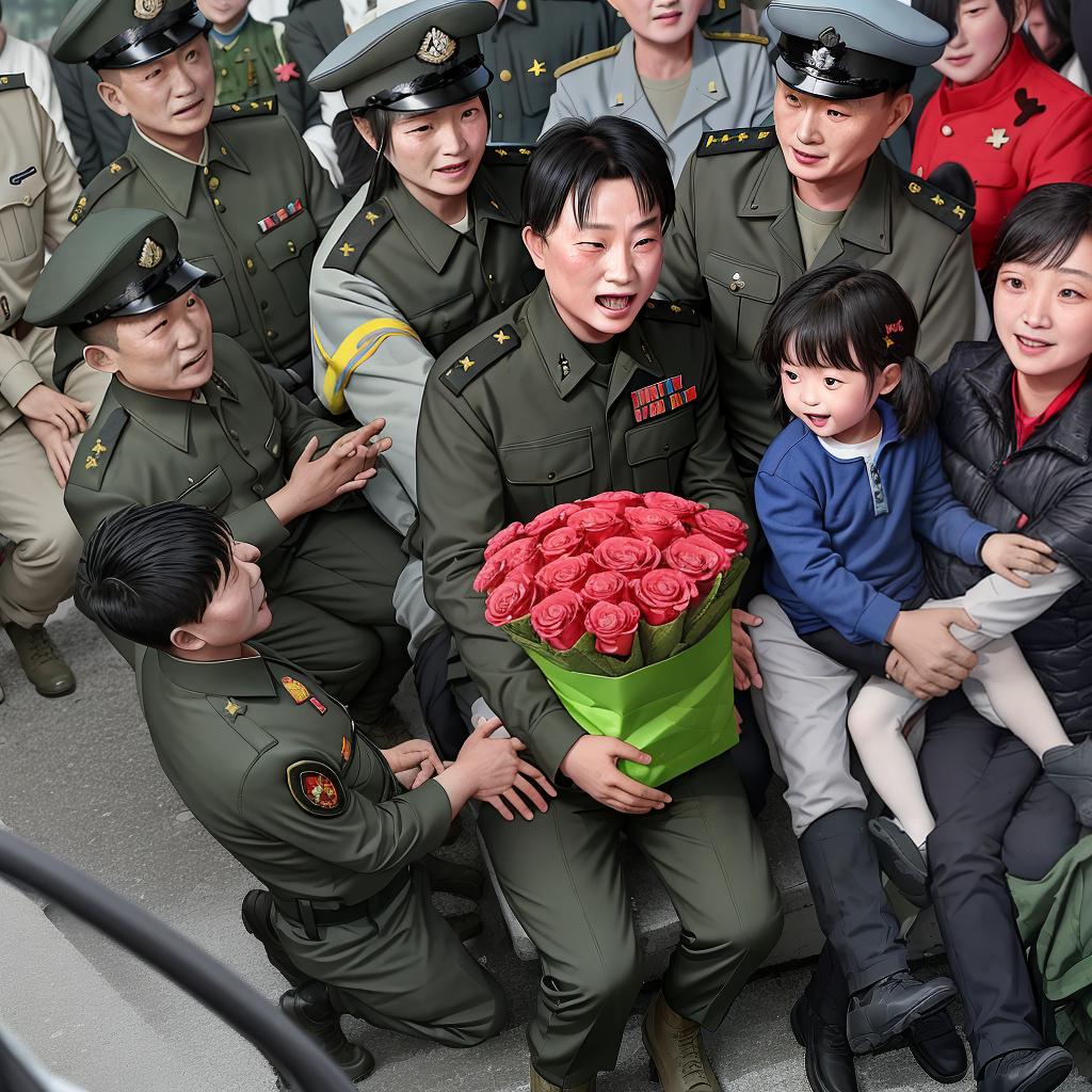  After the People's Liberation Army (PLA) completed its flood fighting and emergency rescue mission, both sides of the road were filled with people who sent off the PLA. Everyone shook hands with the PLA on the military vehicle and gave them gifts and flowers. In the crowd, a five-year-old boy sat on his father's shoulder and his back.