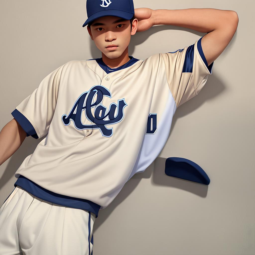  masterpiece, best quality,Beige baseball jersey with blue navy outline and small logo in the left aide of the clothes,