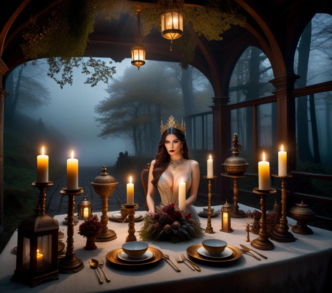  fairy tale A table with a gloomy atmosphere surrounded by fog induces horror. . magical, fantastical, enchanting, storybook style, highly detailed hyperrealistic, full body, detailed clothing, highly detailed, cinematic lighting, stunningly beautiful, intricate, sharp focus, f/1. 8, 85mm, (centered image composition), (professionally color graded), ((bright soft diffused light)), volumetric fog, trending on instagram, trending on tumblr, HDR 4K, 8K